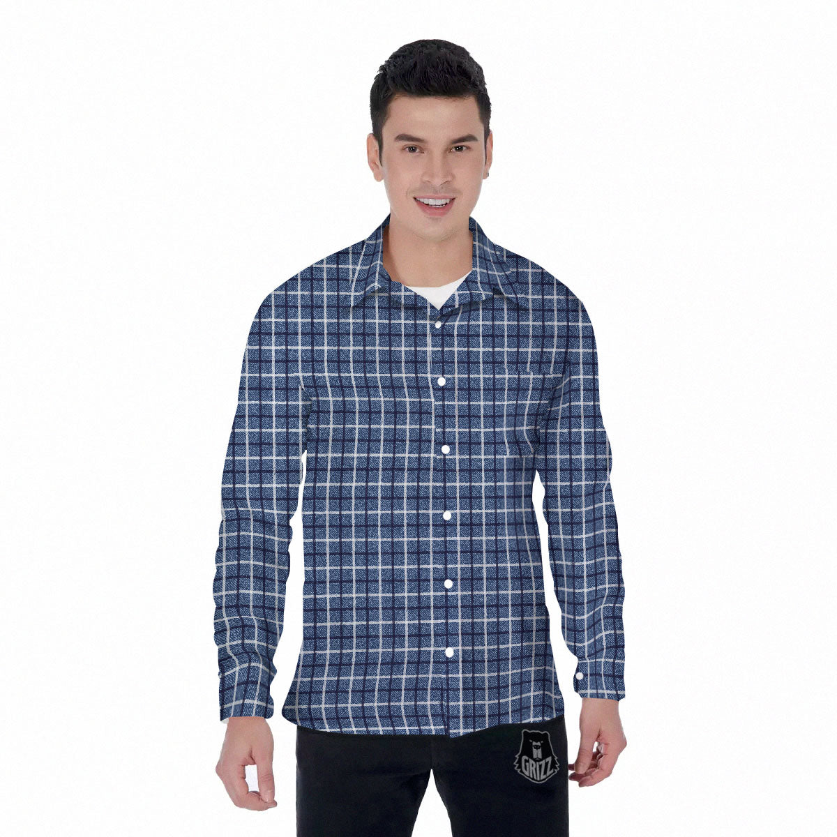 Tattersall Denim Print Pattern Men's Long Sleeve Shirts-grizzshop