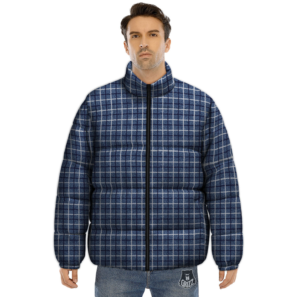 Tattersall Denim Print Pattern Puffer Jacket-grizzshop