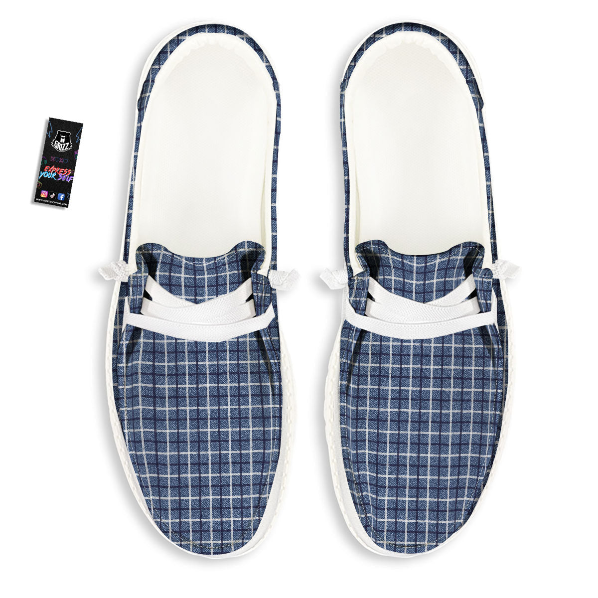 Tattersall Denim Print Pattern White Loafers-grizzshop