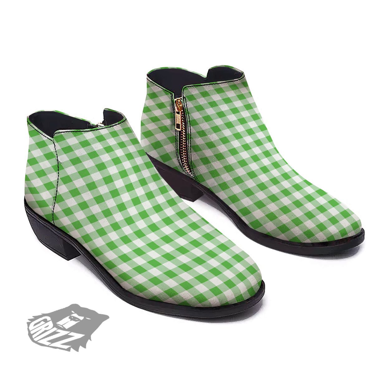 Tattersall Green Print Pattern Ankle Boots-grizzshop