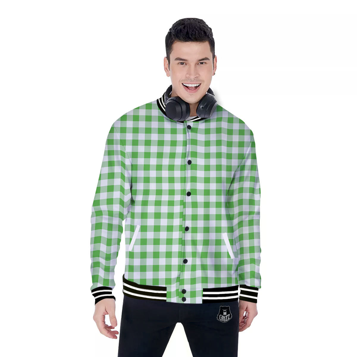 Tattersall Green Print Pattern Baseball Jacket-grizzshop
