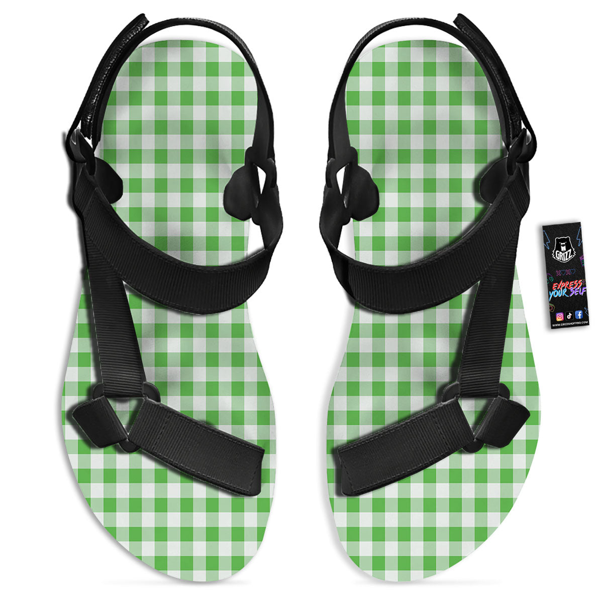 Tattersall Green Print Pattern Black Open Toe Sandals-grizzshop