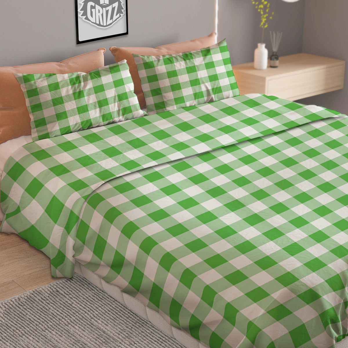 Tattersall Green Print Pattern Duvet Cover Bedding Set