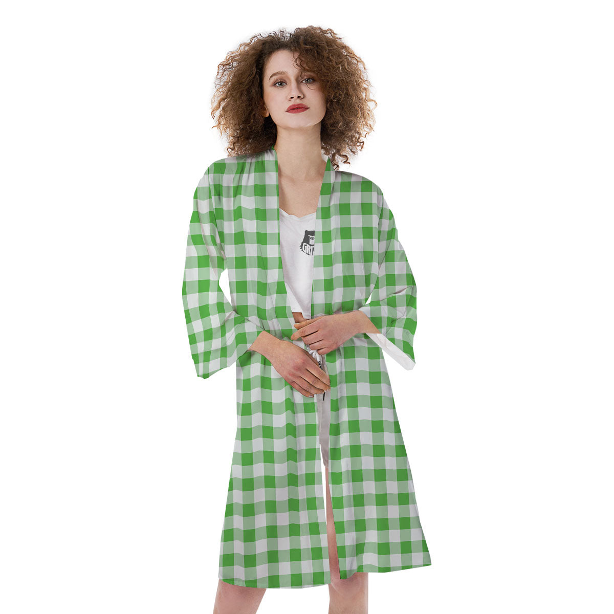 Tattersall Green Print Pattern Kimono-grizzshop