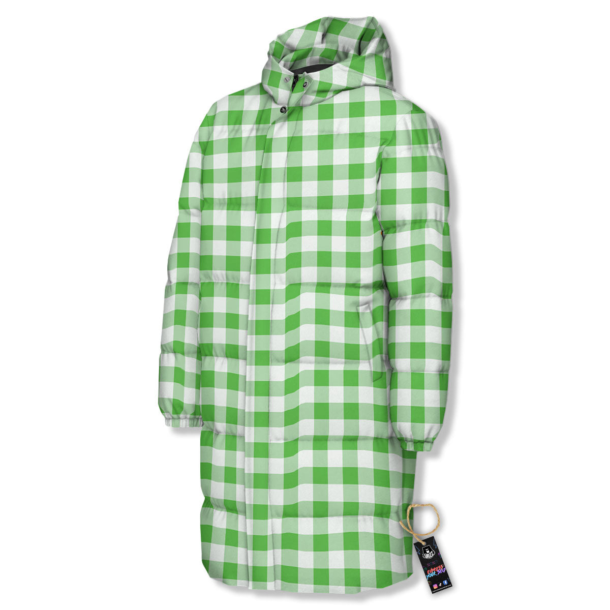 Tattersall Green Print Pattern Long Down Jacket-grizzshop