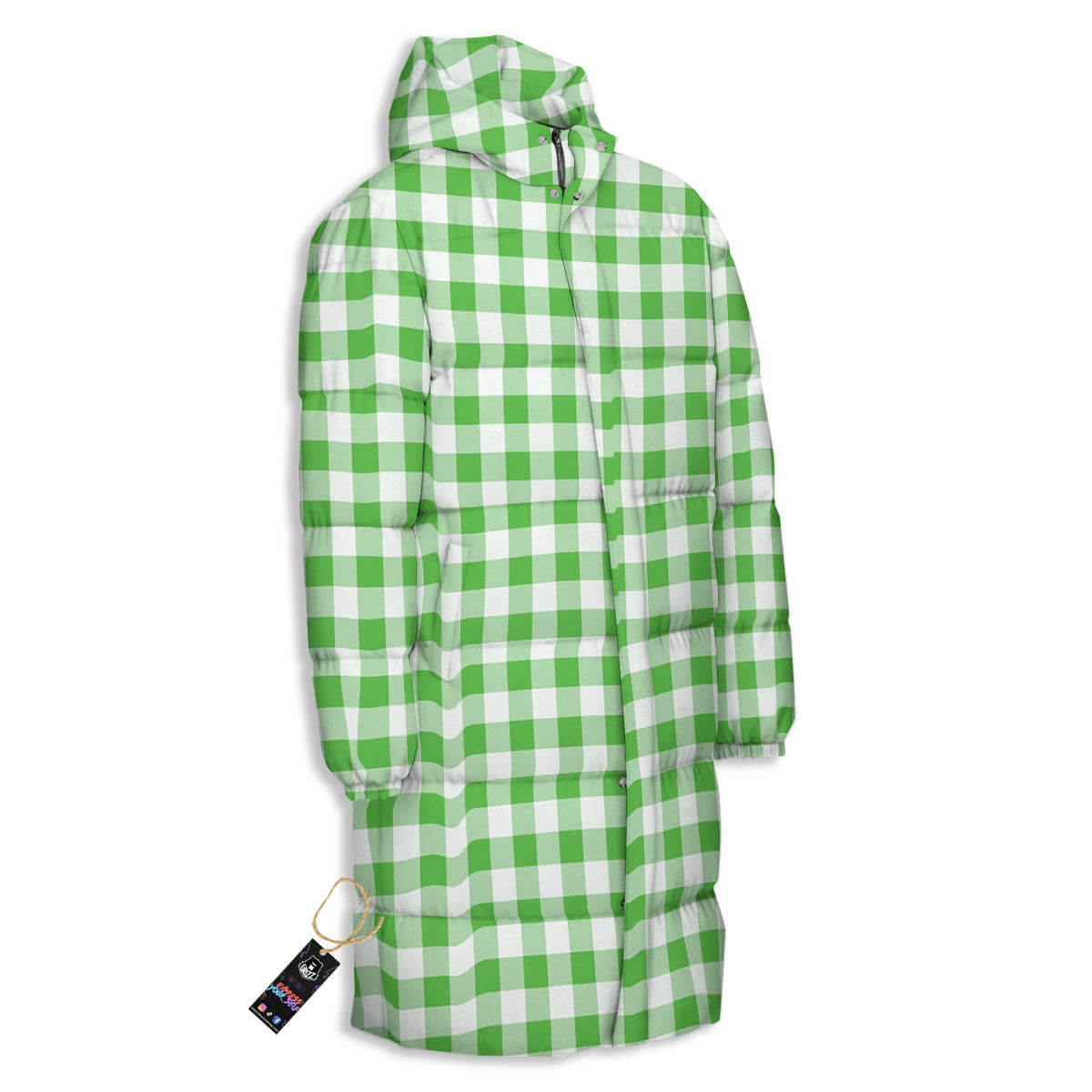 Tattersall Green Print Pattern Long Down Jacket-grizzshop