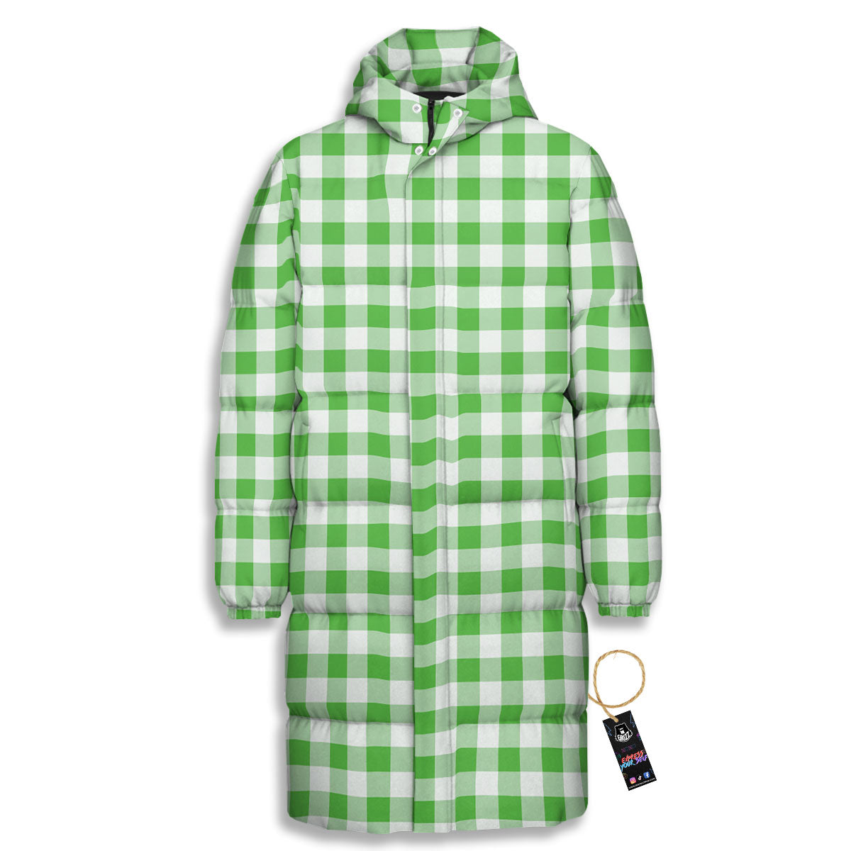 Tattersall Green Print Pattern Long Down Jacket-grizzshop