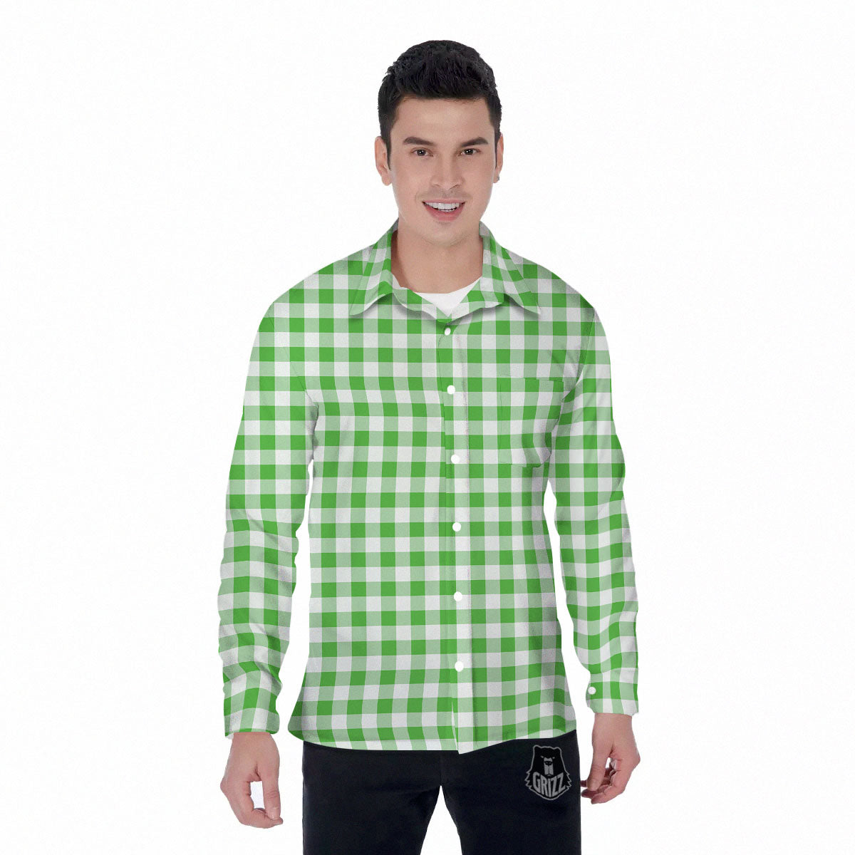 Tattersall Green Print Pattern Men's Long Sleeve Shirts-grizzshop