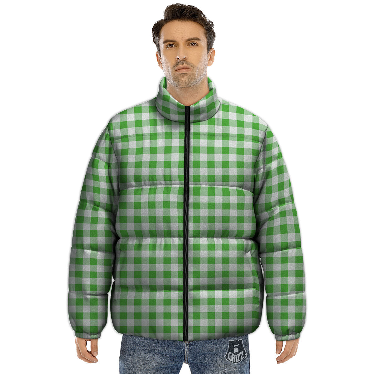 Tattersall Green Print Pattern Puffer Jacket-grizzshop