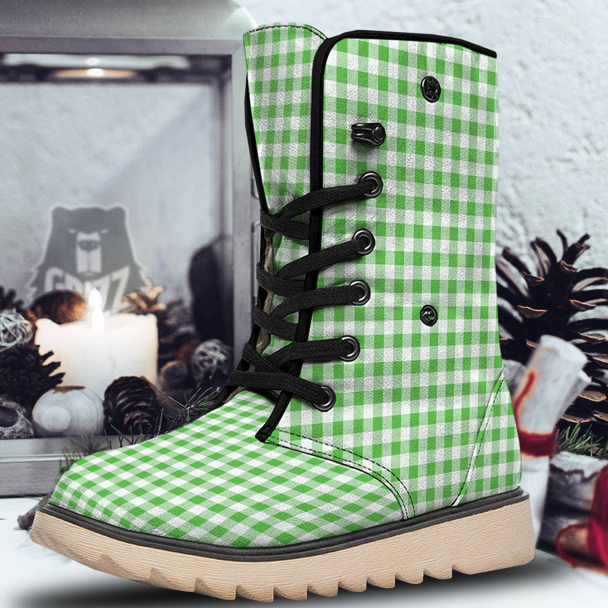 Tattersall Green Print Pattern Snow Boots-grizzshop