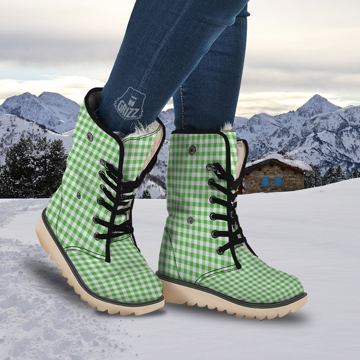 Tattersall Green Print Pattern Snow Boots-grizzshop