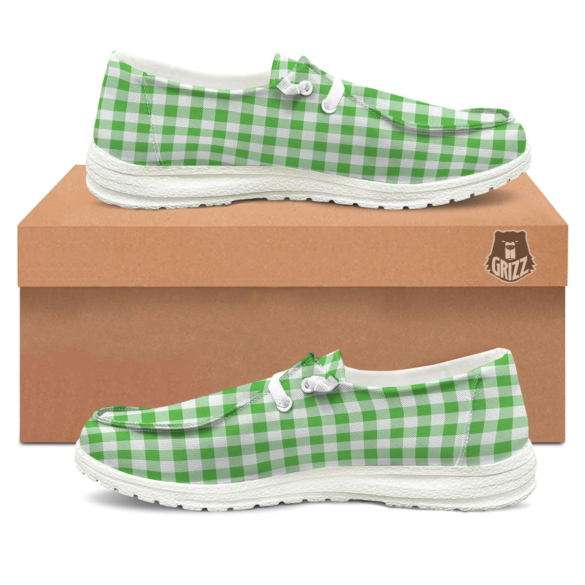 Tattersall Green Print Pattern White Loafers-grizzshop