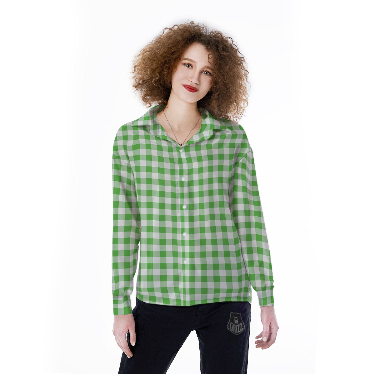 Tattersall Green Print Pattern Women's Long Sleeve Shirts-grizzshop