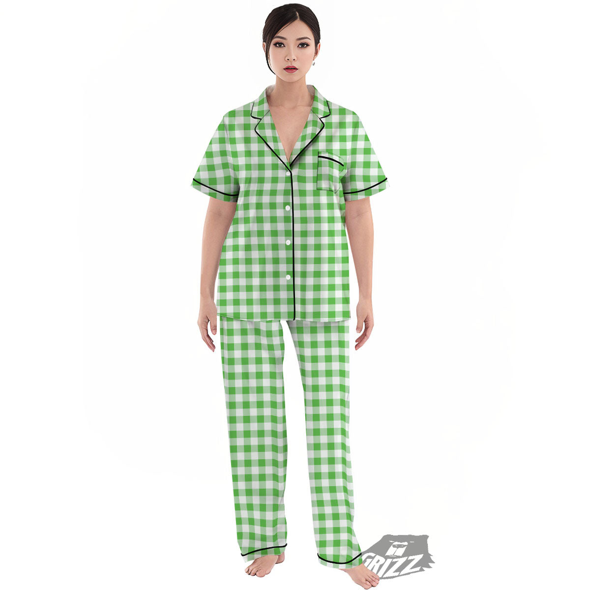 Tattersall Green Print Pattern Women's Pajamas Set-grizzshop