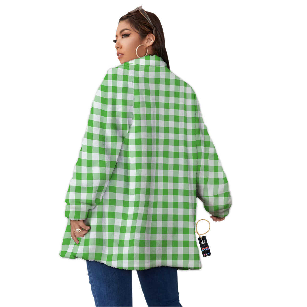 Tattersall Green Print Pattern Women's Sherpa Jacket-grizzshop