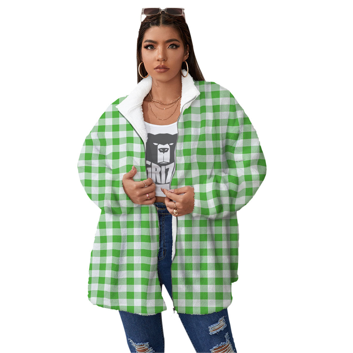 Tattersall Green Print Pattern Women's Sherpa Jacket-grizzshop