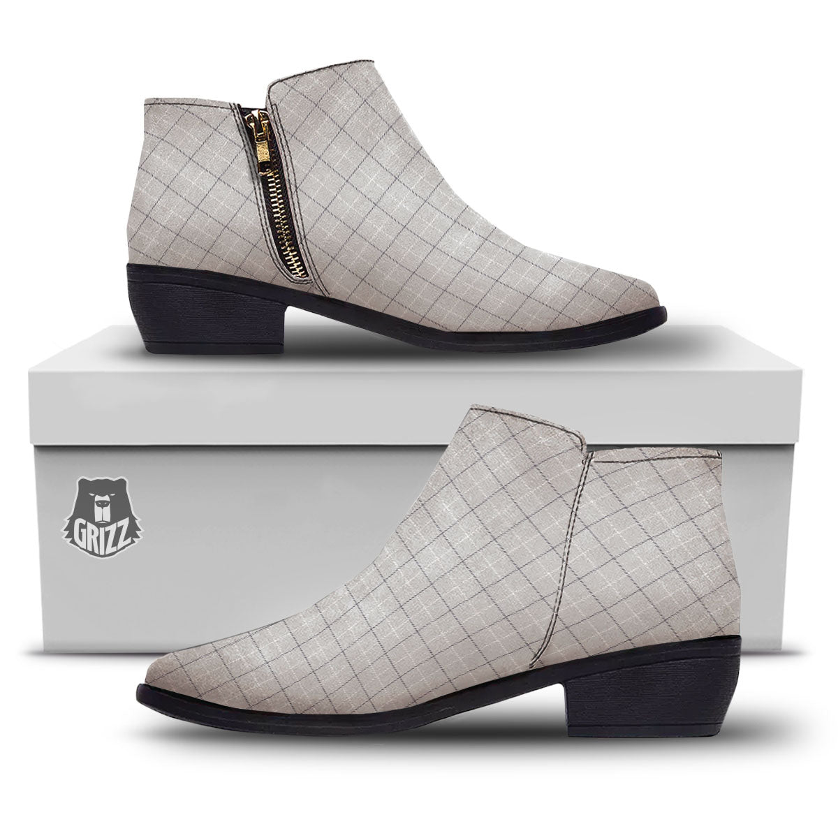 Tattersall Grey Print Pattern Ankle Boots-grizzshop