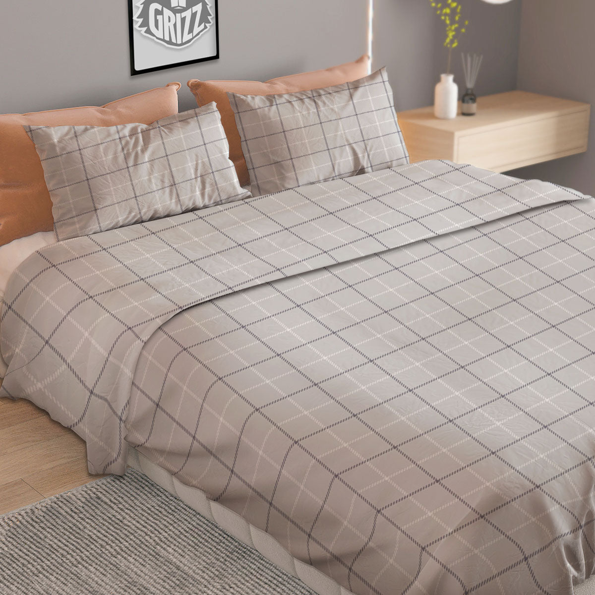 Tattersall Grey Print Pattern Duvet Cover Bedding Set