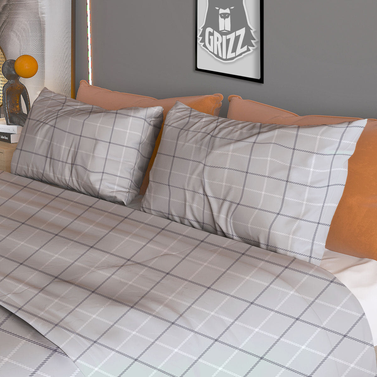Tattersall Grey Print Pattern Duvet Cover Bedding Set