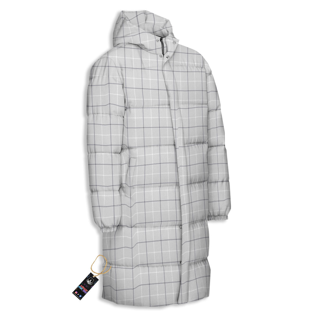 Tattersall Grey Print Pattern Long Down Jacket-grizzshop