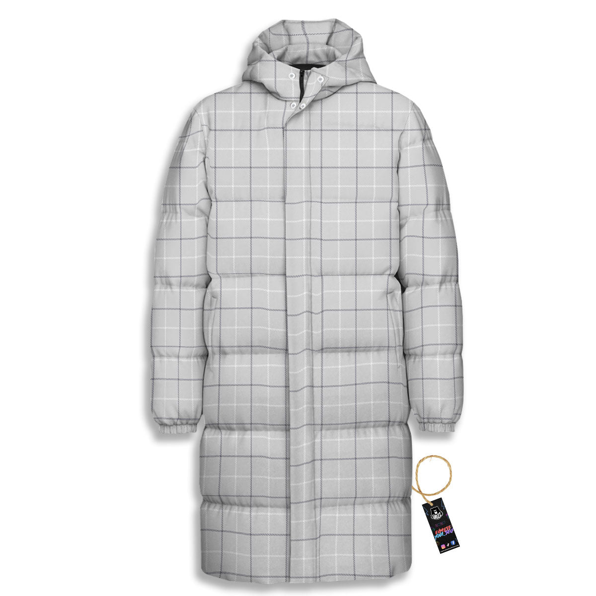 Tattersall Grey Print Pattern Long Down Jacket-grizzshop