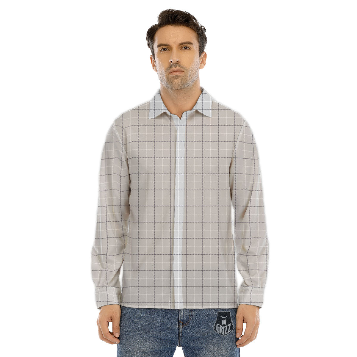 Tattersall Grey Print Pattern Men's Dress Shirts-grizzshop