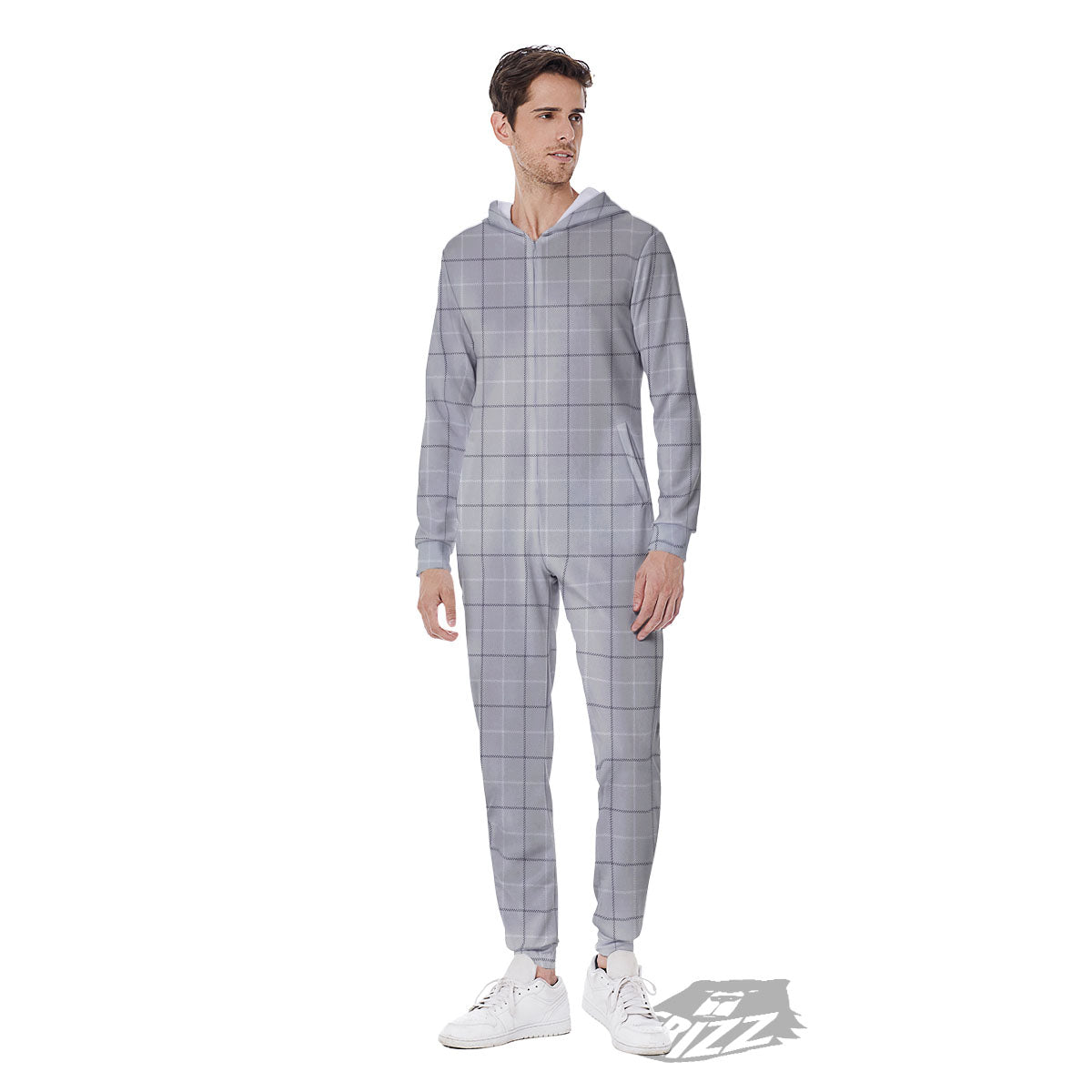 Tattersall Grey Print Pattern Men's Jumpsuit-grizzshop