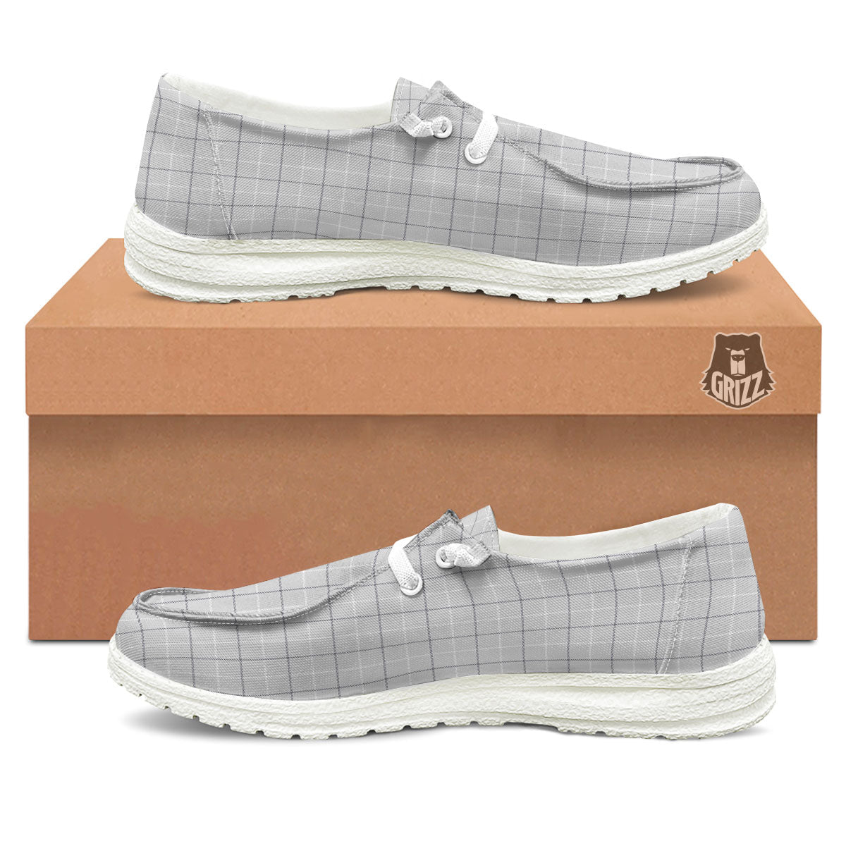 Tattersall Grey Print Pattern White Loafers-grizzshop