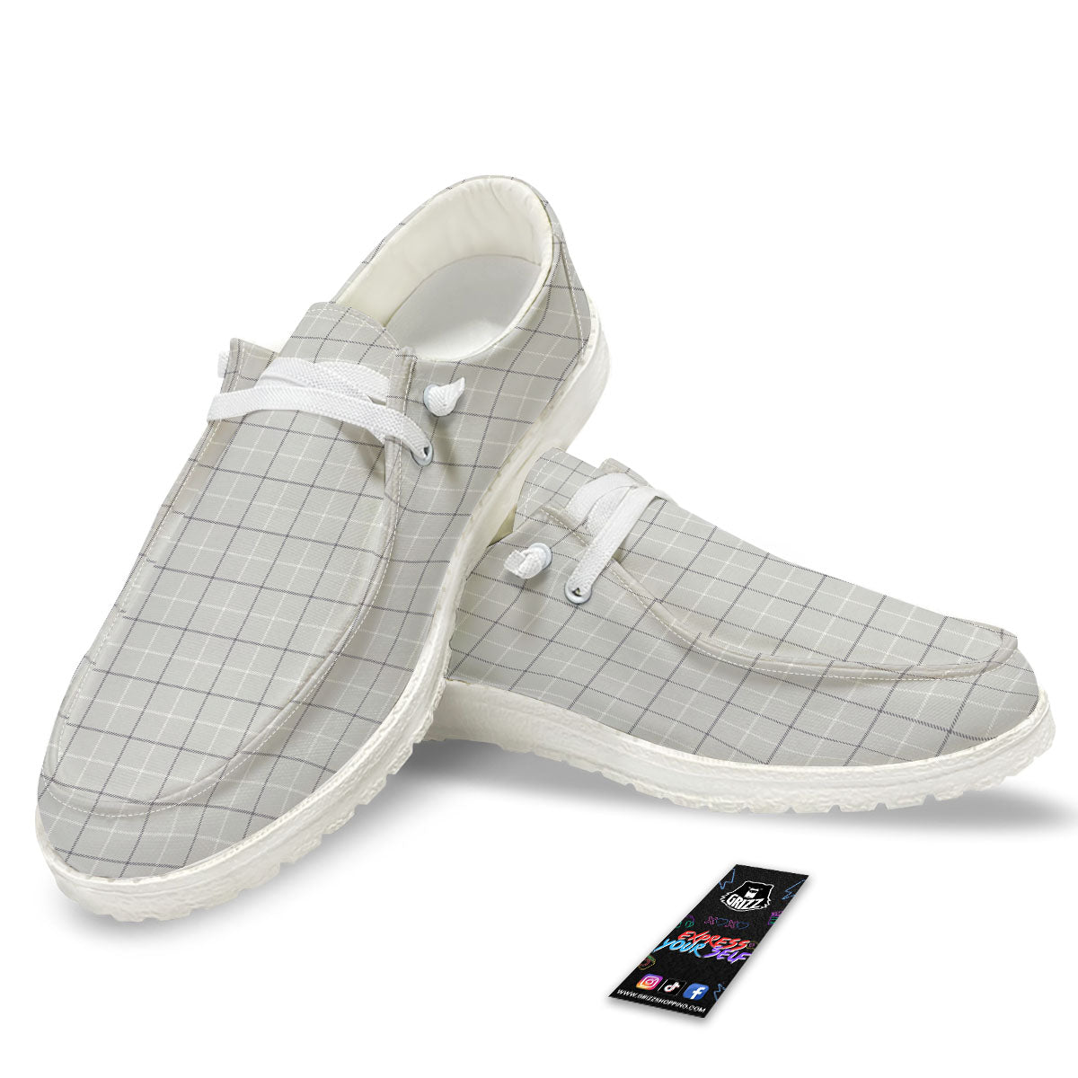 Tattersall Grey Print Pattern White Loafers-grizzshop