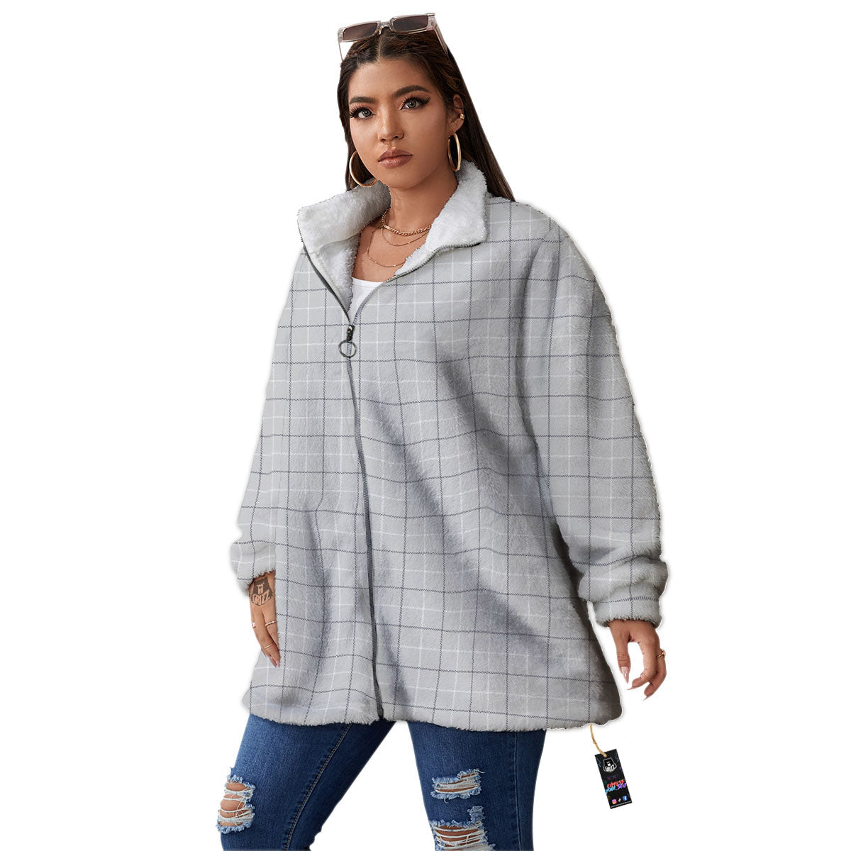 Tattersall Grey Print Pattern Women's Sherpa Jacket-grizzshop