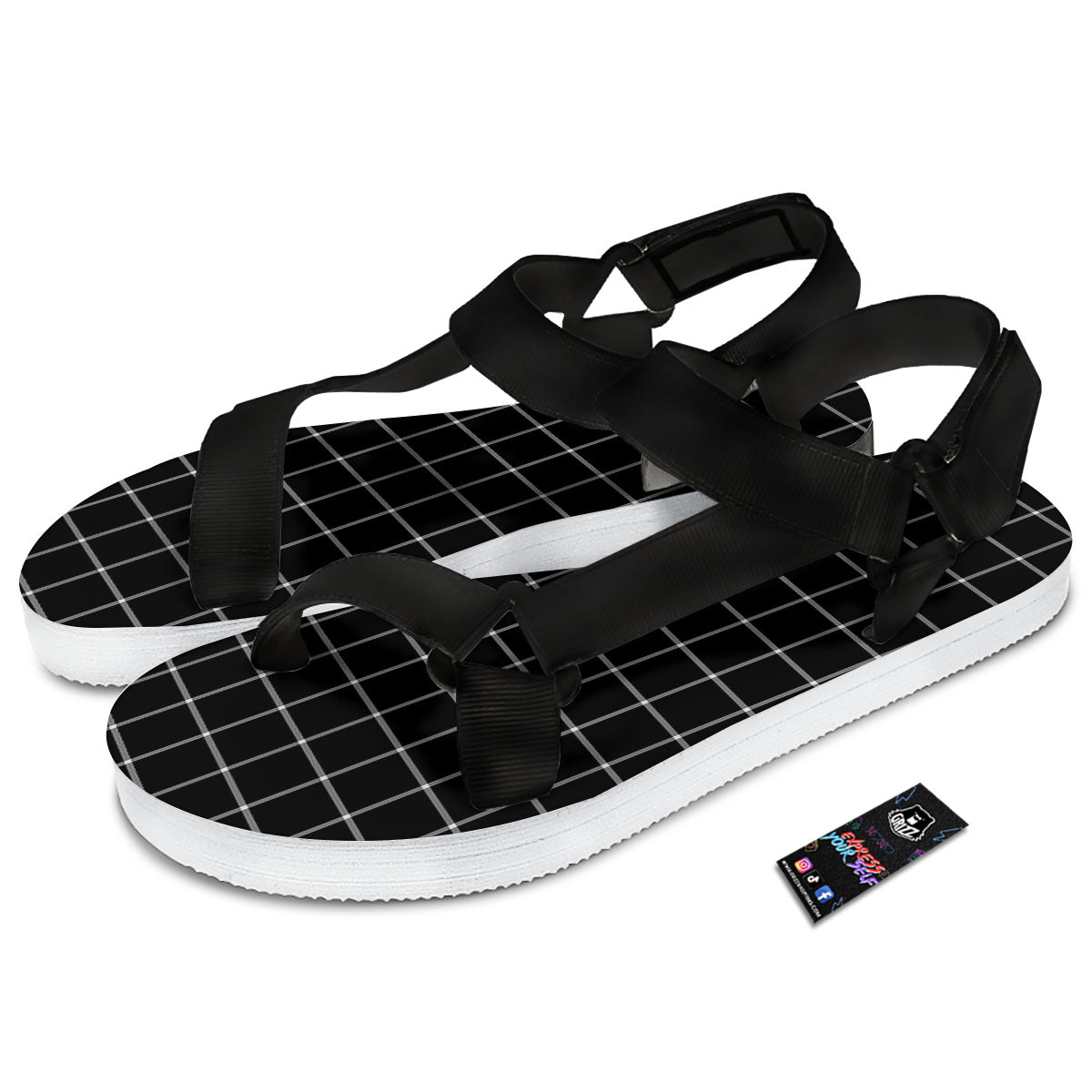 Tattersall Navy Print Pattern Black Open Toe Sandals-grizzshop