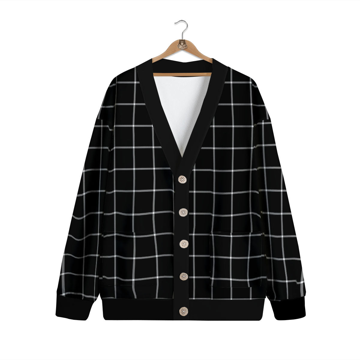 Tattersall Navy Print Pattern Cardigan-grizzshop