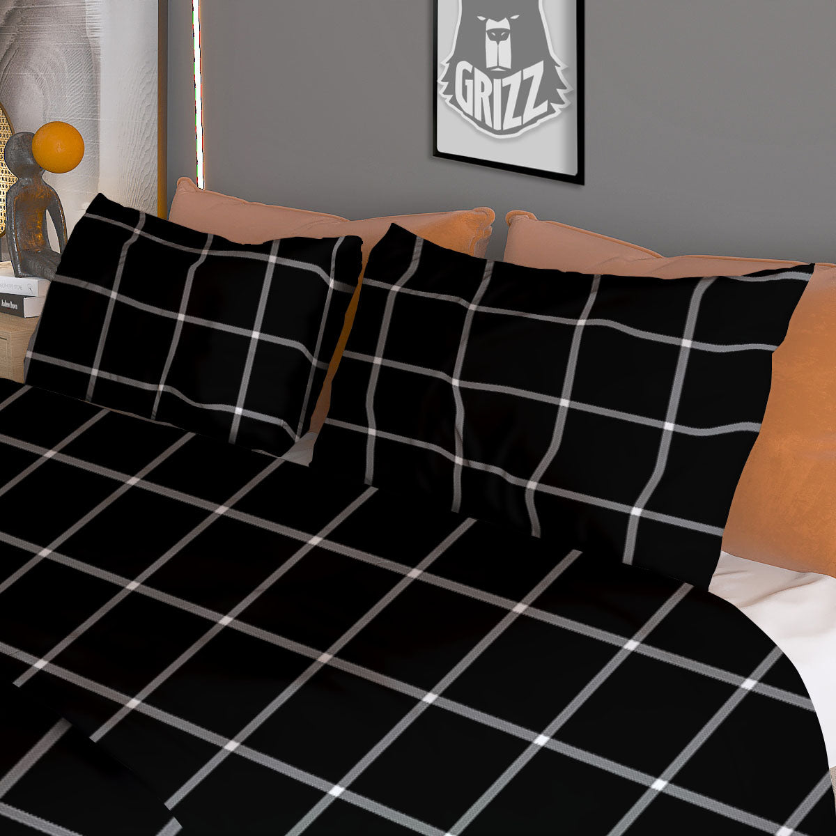 Tattersall Navy Print Pattern Duvet Cover Bedding Set