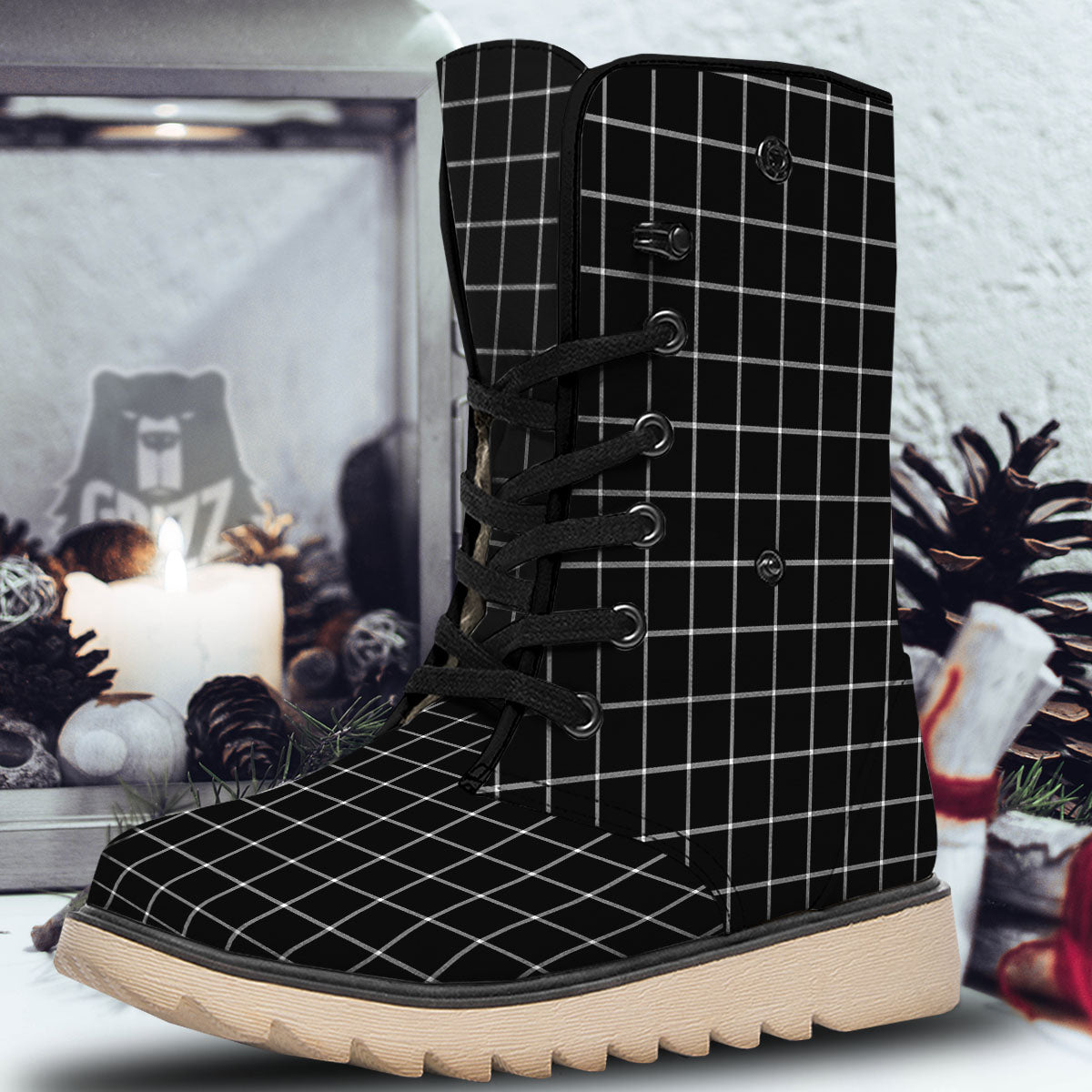 Tattersall Navy Print Pattern Snow Boots-grizzshop