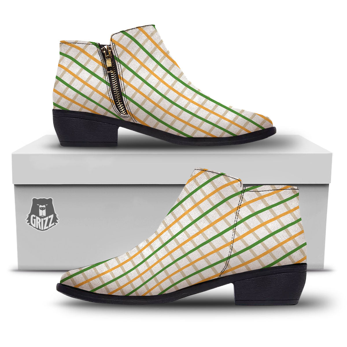 Tattersall Orange And Green Line Print Ankle Boots-grizzshop