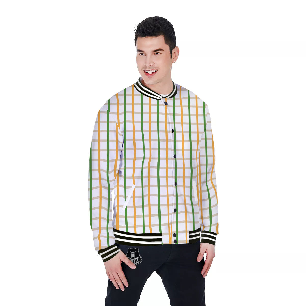 Tattersall Orange And Green Line Print Baseball Jacket-grizzshop