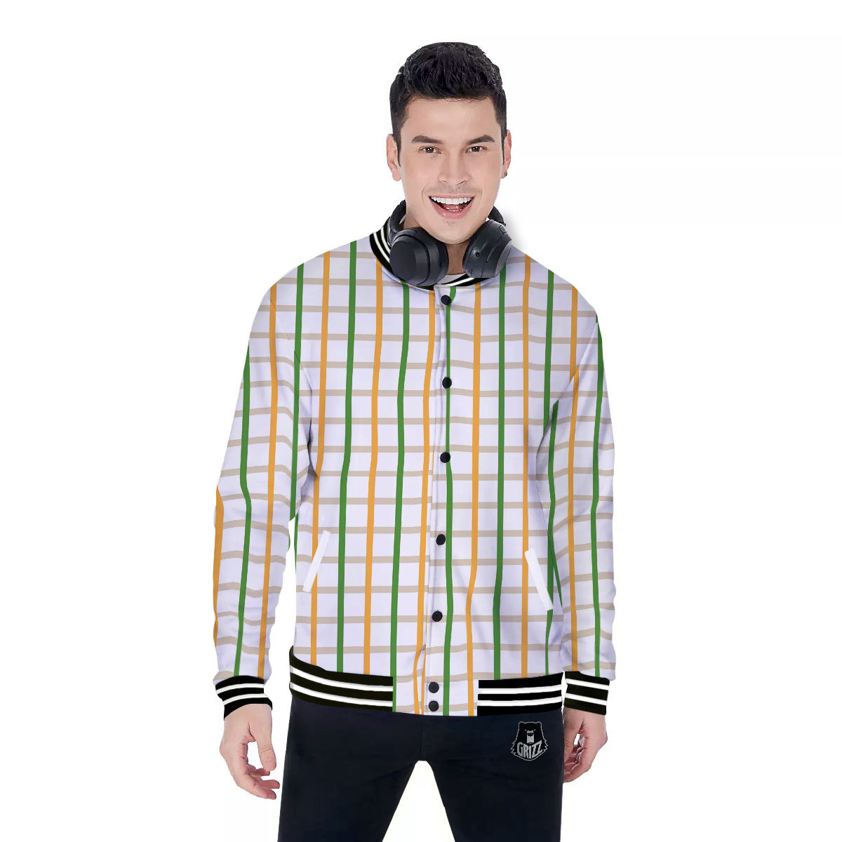Tattersall Orange And Green Line Print Baseball Jacket-grizzshop