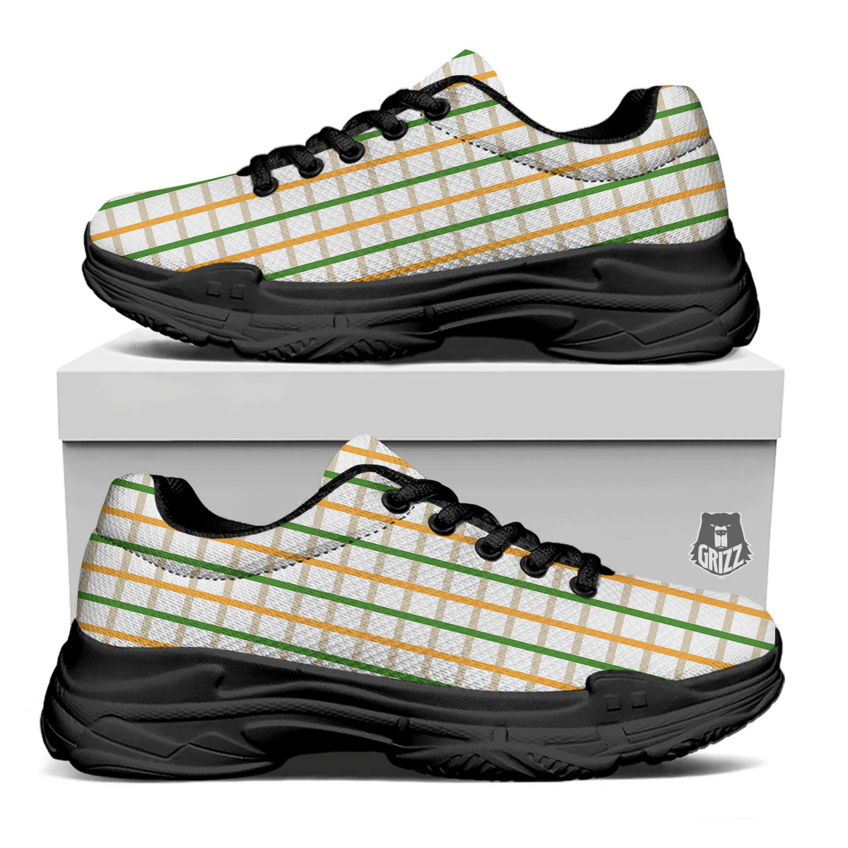 Tattersall Orange And Green Line Print Black Chunky Shoes-grizzshop