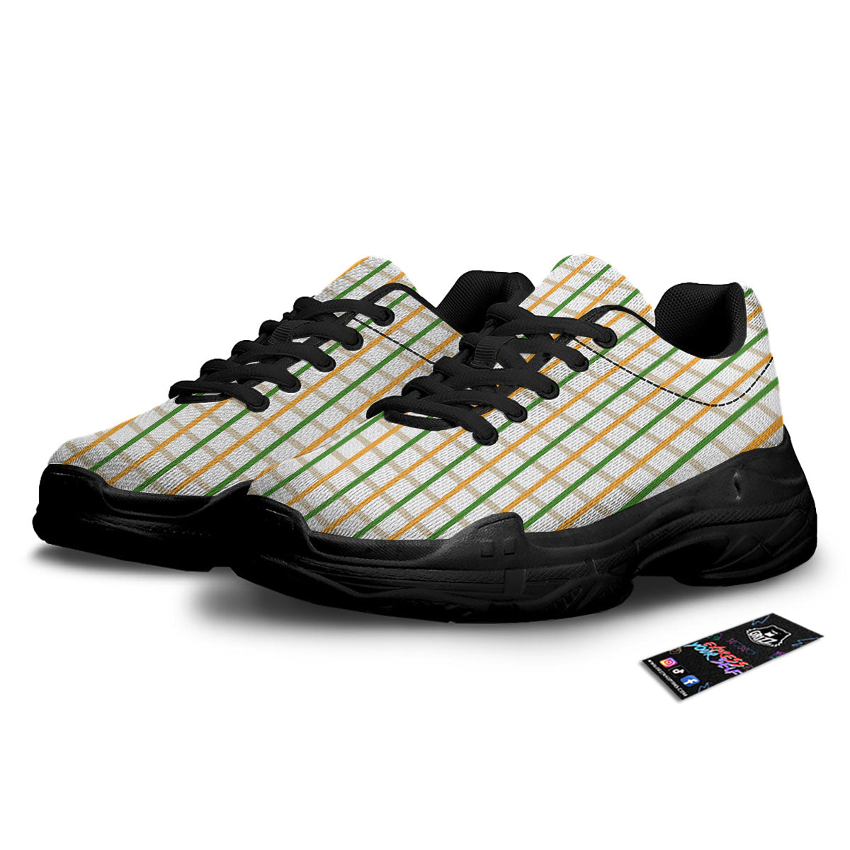 Tattersall Orange And Green Line Print Black Chunky Shoes-grizzshop