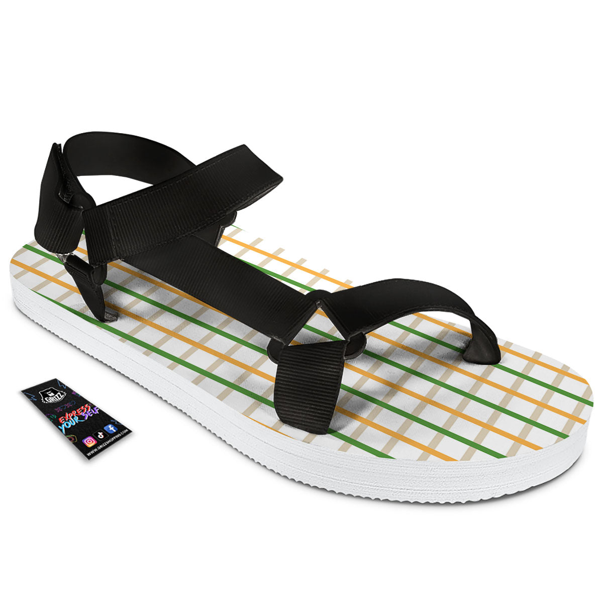 Tattersall Orange And Green Line Print Black Open Toe Sandals-grizzshop