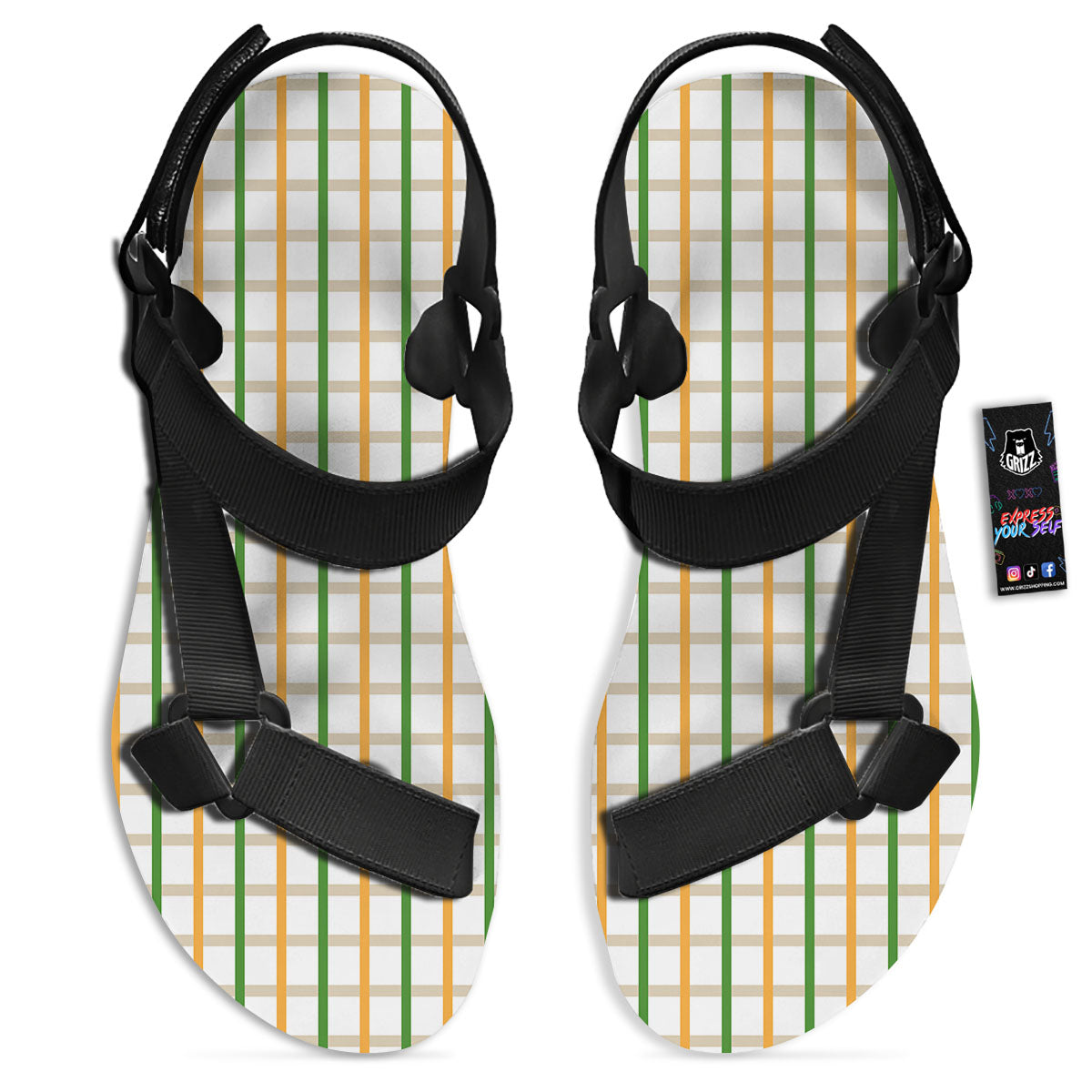 Tattersall Orange And Green Line Print Black Open Toe Sandals-grizzshop