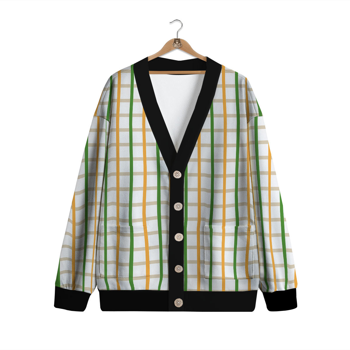 Tattersall Orange And Green Line Print Cardigan-grizzshop