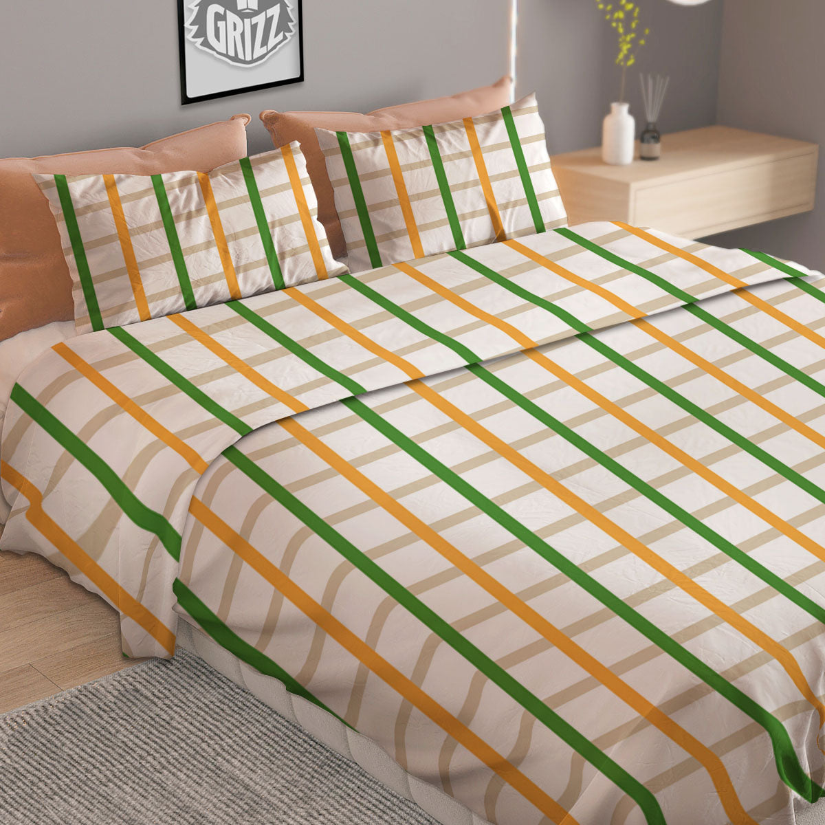 Tattersall Orange And Green Line Print Duvet Cover Bedding Set