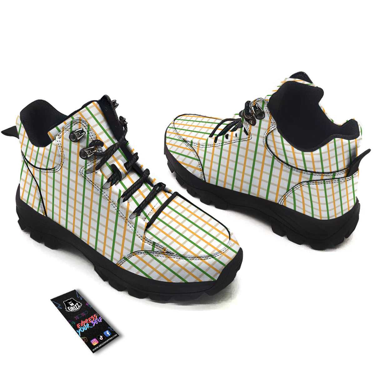 Tattersall Orange And Green Line Print Hiking Shoes-grizzshop