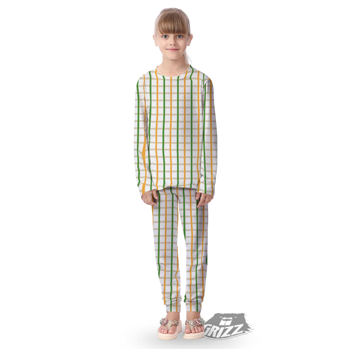 Tattersall Orange And Green Line Print Kid's Pajamas-grizzshop