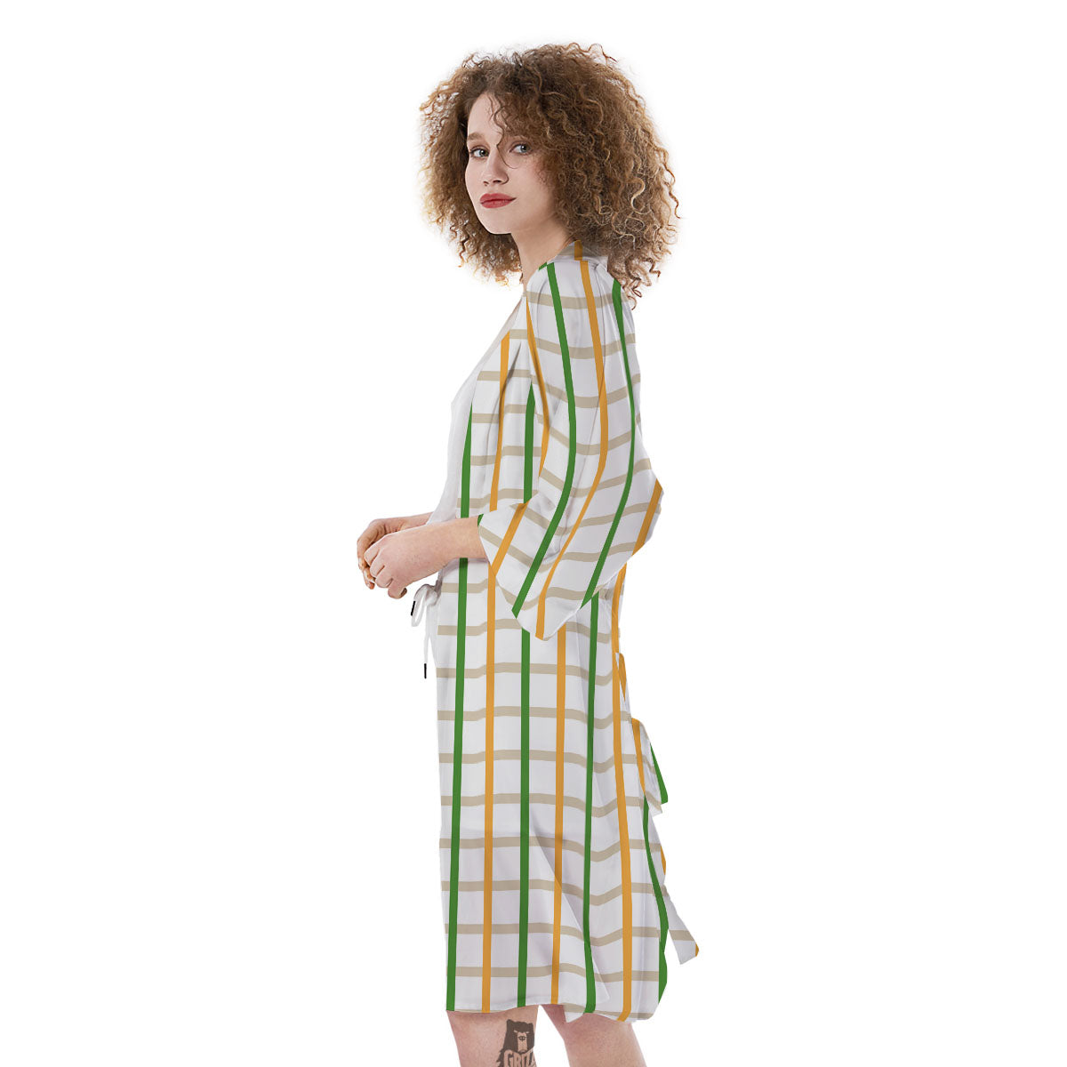 Tattersall Orange And Green Line Print Kimono-grizzshop