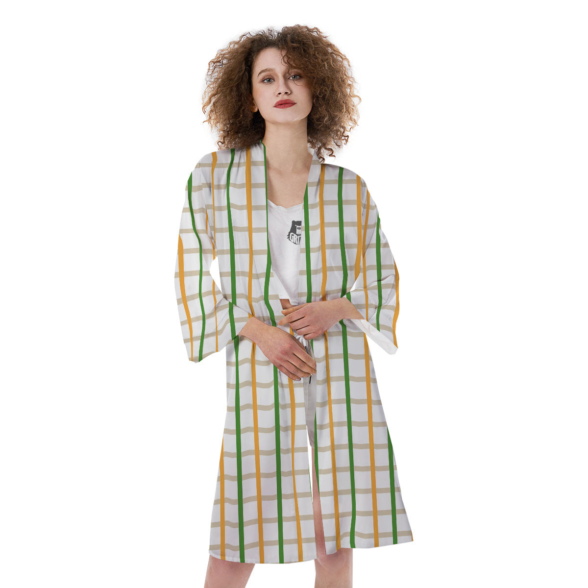 Tattersall Orange And Green Line Print Kimono-grizzshop