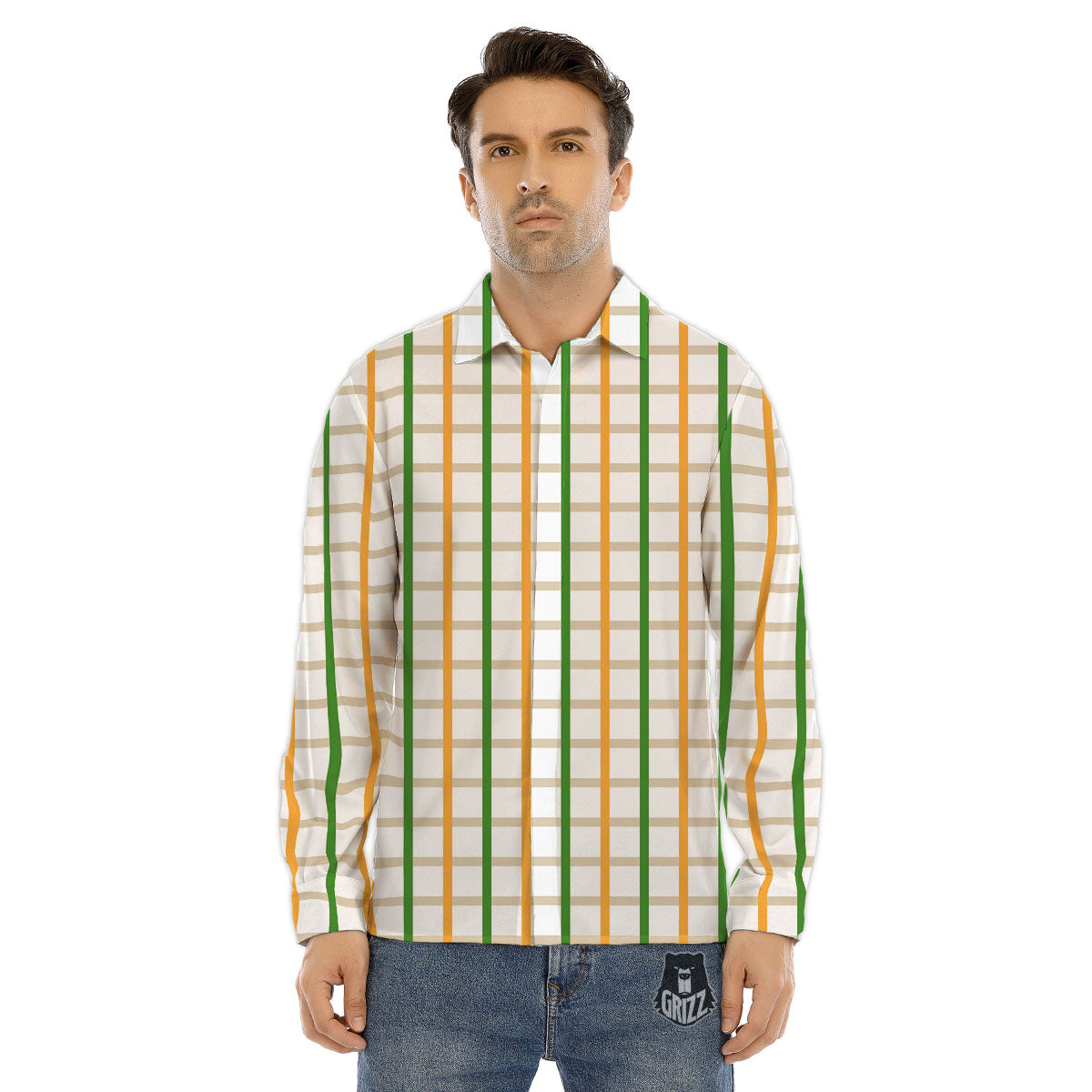 Tattersall Orange And Green Line Print Men's Dress Shirts-grizzshop