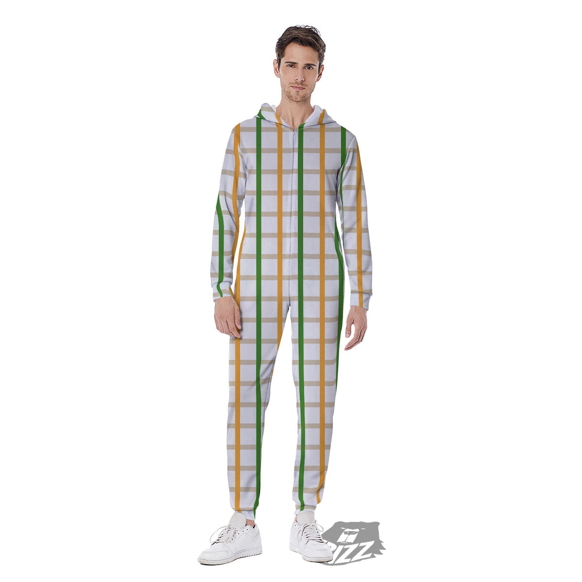 Tattersall Orange And Green Line Print Men's Jumpsuit-grizzshop
