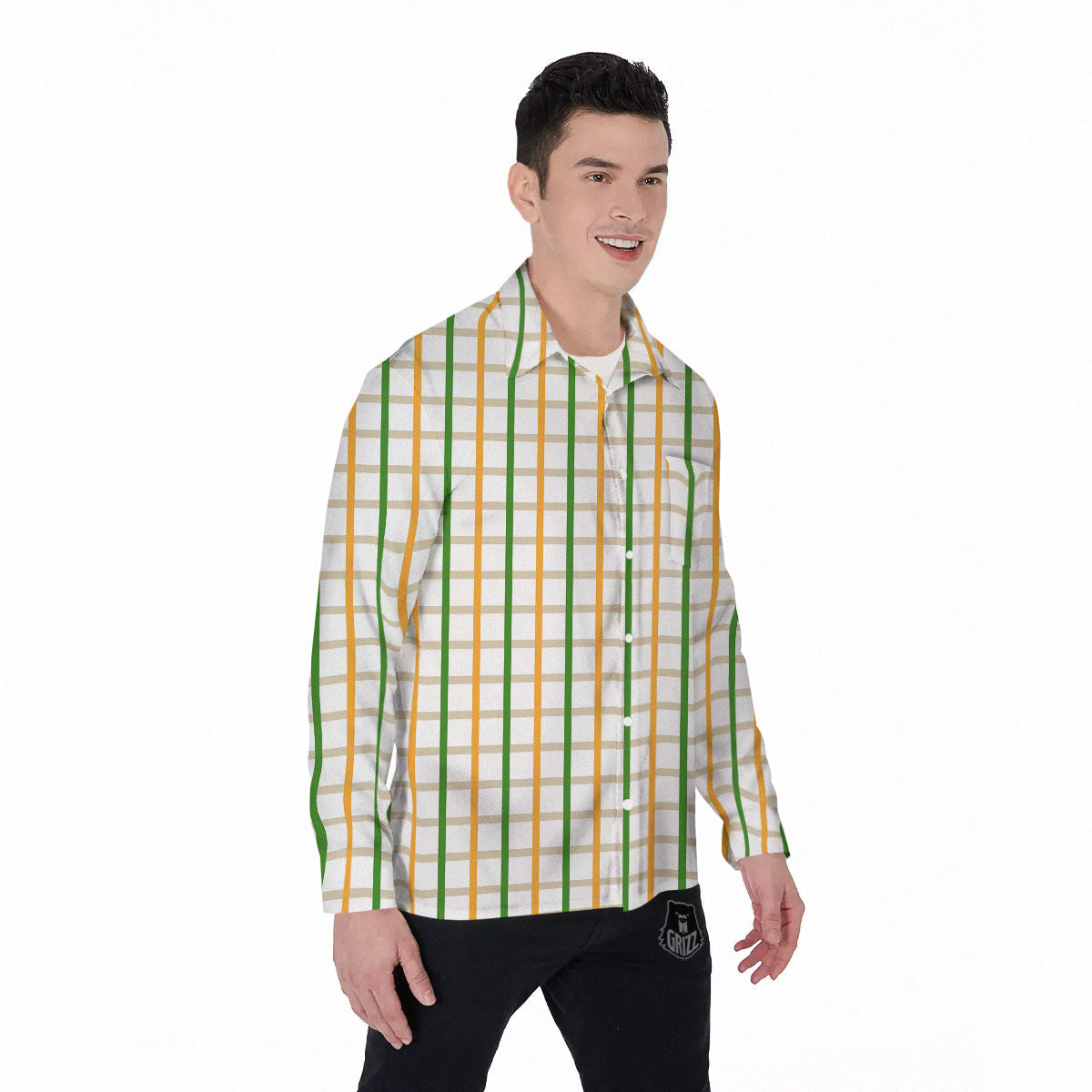 Tattersall Orange And Green Line Print Men's Long Sleeve Shirts-grizzshop